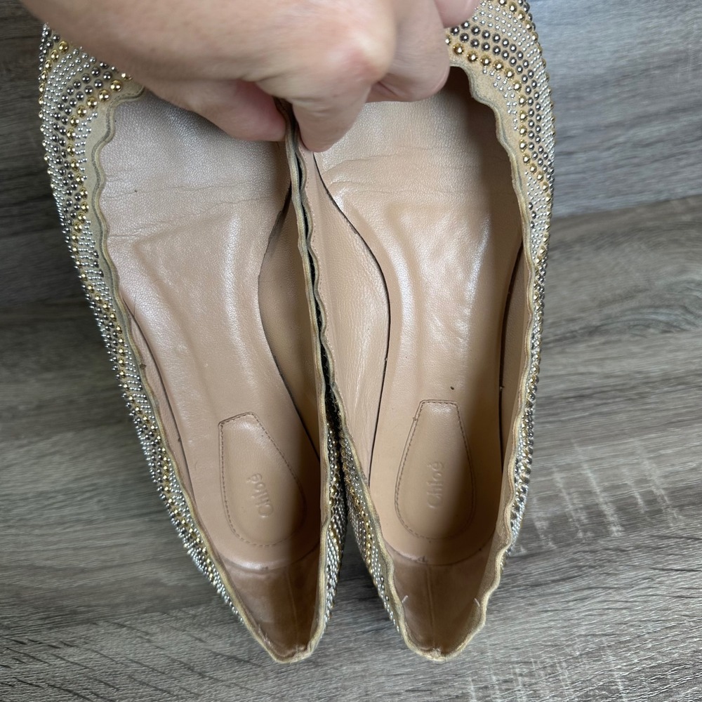 Chloe Lauren Ballet Flats 8.5 / 39 Scalloped Studded Tan Suede Gold Silver - Picture 8 of 12